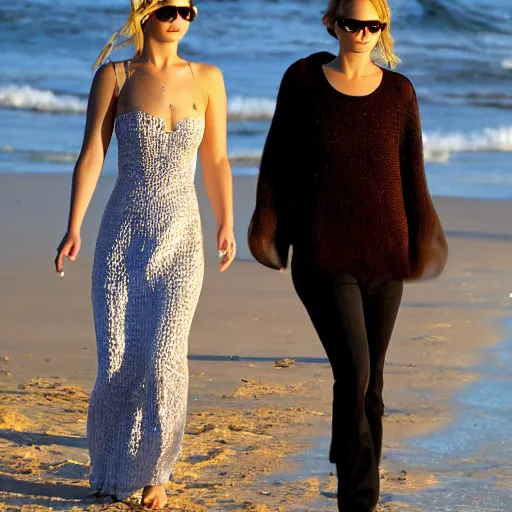 Image similar to Jennifer Lawrence and Jennifer Lawrence walking along the beach together, golden hour, 8k