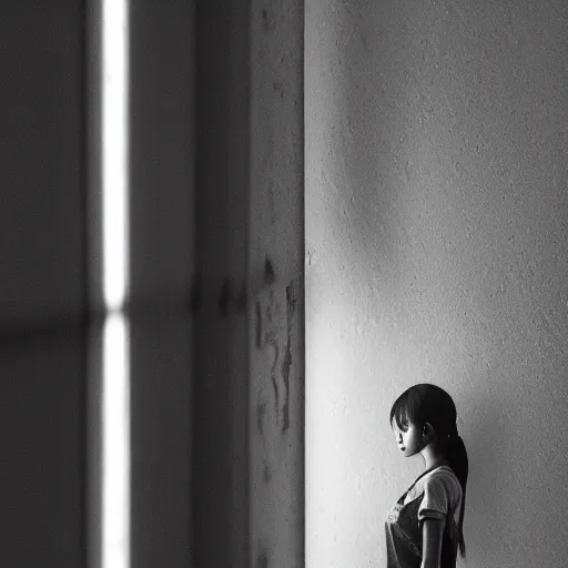 Image similar to sad girl in the corner of a dark room, highly detailed, 8 k, intricate, backlighting, sharp focus, radiant light, hyperrealism, ray tracing, depth of field, yihao ren, capcom, very detailed backgrounds, soft neon lighting