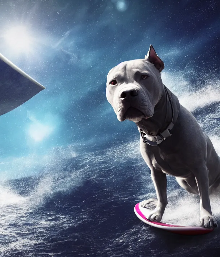 Image similar to photo of a dark gray coat pit bull with a white paws and a white nose!, surfing on a surfboard in a crashing wave of alien ocean in space, background is an alien galaxy, aliens in the background, alien colors, octane render, unreal engine, wide view, 8 k, highly detailed