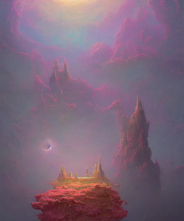 Image similar to an ultra detailed concept digital art painting of a singular floating island castle, levitating across space in a misty pearlescent nebula by paul lehr kazumasa uchio situated in a starry expanse of bioluminescent cosmic worlds by beksinski and beeple, flying citadel with towers, trending on artstation