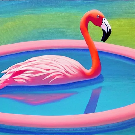 Image similar to flamingo pool float in a vast rippling swimming pool, oil painting