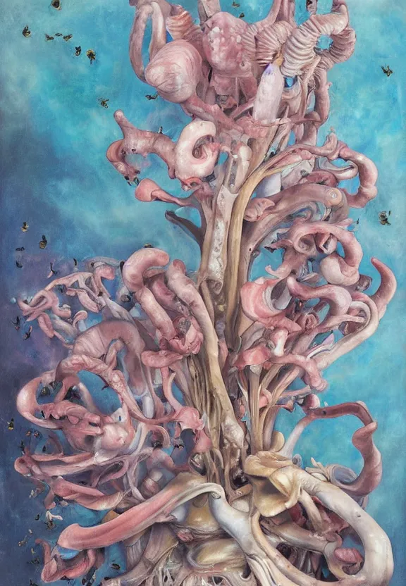 Image similar to a biomorphic painting of a vase with flowers and eyeballs in it, a surrealist painting by marco mazzoni, by dorothea tanning, pastel blues and pinks, pink oyster mushrooms, bees, featured on artstation, metaphysical painting, oil on canvas, fluid acrylic pour art, airbrush art, seapunk, rococo, lovecraftian