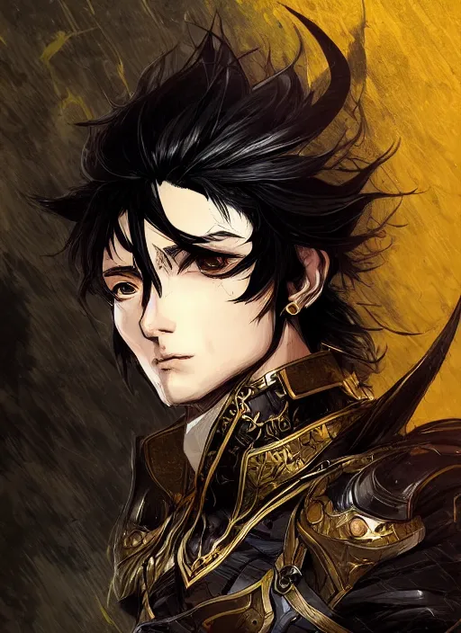 Image similar to Half body portrait of a handsome elven wind mage with short brown black hair wearing ornate dark yellow attire. In style of Yoji Shinkawa and Hyung-tae Kim, trending on ArtStation, dark fantasy, great composition, concept art, highly detailed, dynamic pose.