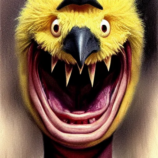 Prompt: Facial portrait. horrorversion version of Big Bird, looking at the camera, slight evil smile, lips wide parted, mouth wide open, sharp teeth visible. fear inspiring, intimidating, extremely detailed painting. by Greg Rutkowski and by Henry Justice Ford and by Steve Henderson.