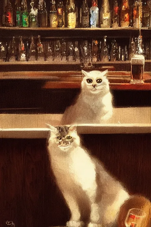 Image similar to of a british longhair cat sitting at the bar next to a beer, by greg rutkowski