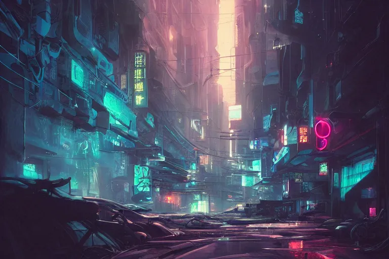 Image similar to abandoned tokyo streets at night lit by neon lights in the year 2049, cyberpunk concept art by pete mohrbacher and seb mckinnon and beksinski and josan gonzales, digital art, highly detailed, intricate, sci-fi, sharp focus, Trending on Artstation HQ, deviantart, unreal engine 5, 4K UHD image