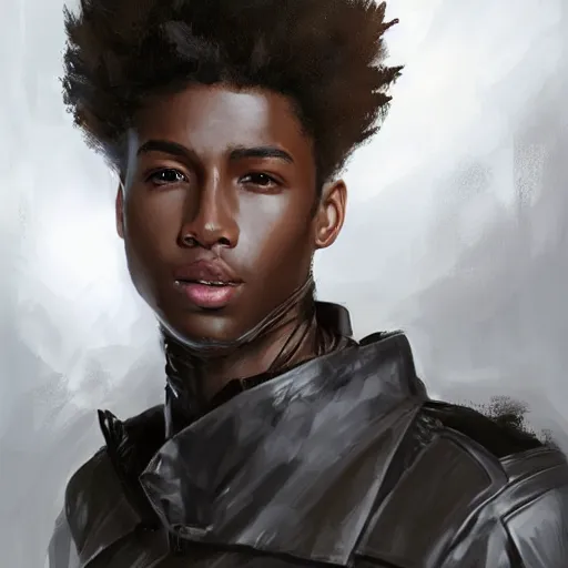 Prompt: portrait of a man by greg rutkowski, he is about 2 0 years old, mixture between afroamerican and japanese, afro hair, young, very tall and slender, he is wearing a futuristic police gear, highly detailed portrait, digital painting, artstation, concept art, smooth, sharp foccus ilustration, artstation hq