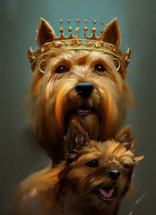 Prompt: norwich terrier as an king, backround dark, highly detailed, digital illustration, trending in artstation, modern painting, smooth, sharp focus, intricate, by peter mohrbacher