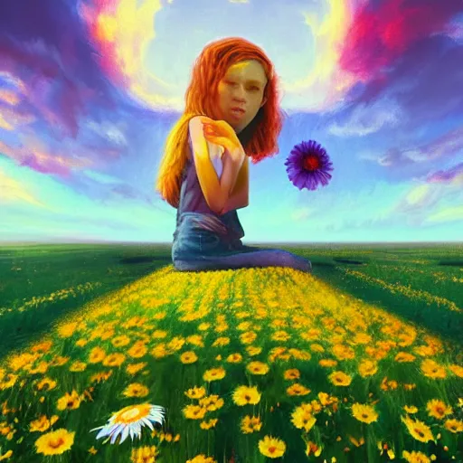 Image similar to giant daisy flower as head, girl sitting in a flower field, surreal photography, sunrise, dramatic light, impressionist painting, colorful clouds, digital painting, artstation, simon stalenhag