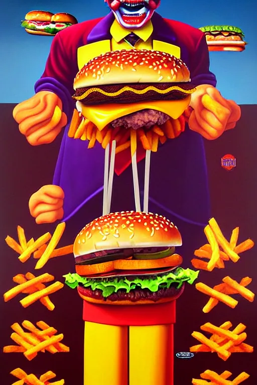 Prompt: a hyperrealistic painting of an epic boss fight ronald mcdonald ornate supreme dark overlord, gross hamburgers and fries, cinematic horror, by chris cunningham, lisa frank, richard corben, highly detailed, vivid color,