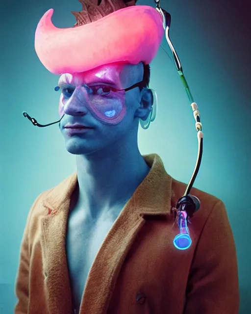 Prompt: natural light, soft focus portrait of a male cyberpunk anthropomorphic angler fish with soft synthetic pink skin, blue bioluminescent plastics, smooth shiny metal, elaborate ornate head piece, piercings, skin textures, by annie leibovitz, paul lehr