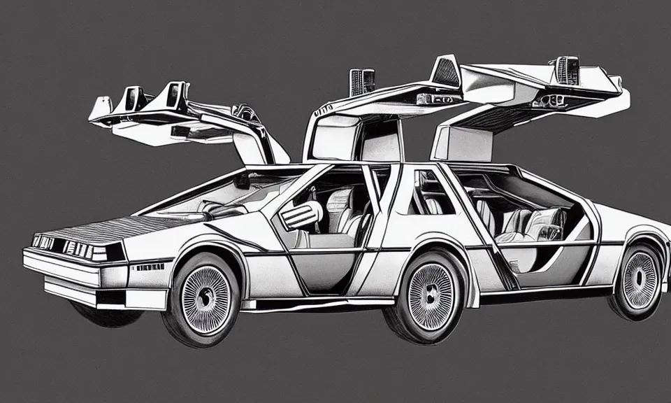 Image similar to a highly detailed drawing of the delorean from back to the future, technical drawing, black and white