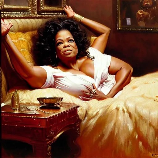 Prompt: oprah winfrey is in her bed, nervous and terrified, because a double horned christopher walken from hell is attacking him. highly detailed painting by gaston bussiere, j. c. leyendecker, greg rutkowski, craig mullins 8 k