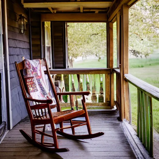 Prompt: a bible book set on top a rocking chair on a rural southern porch