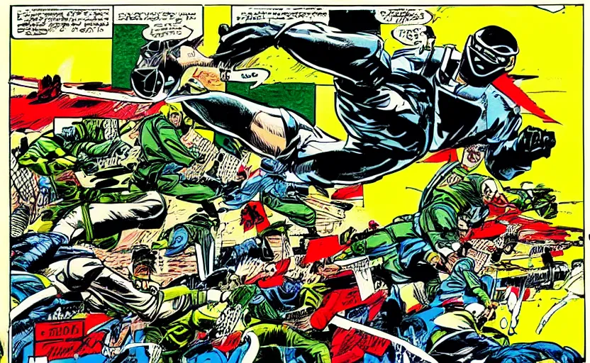Prompt: ninjas kicking a tank that is firing rockets everywhere, art by Frank Miller, extremely detailed, high quality, vintage comic panel,