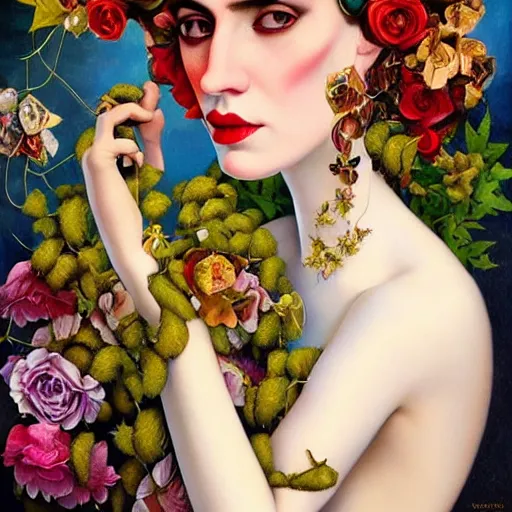 Image similar to dynamic composition, a painting of woman with hair of ( summer flowers )!! and vines wearing ornate earrings, ornate gilded details, a surrealist painting by tom bagshaw and jacek yerga and tamara de lempicka and jesse king, featured on cgsociety, pop surrealism, surrealist, dramatic lighting, wiccan, pre - raphaelite