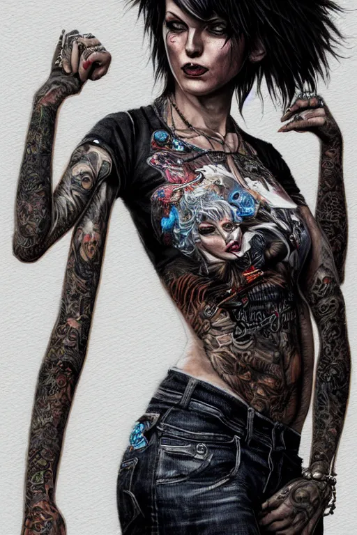 Image similar to fullbody potrait of punk rocker woman in street, woman is wearing t - shirt, hyper realistic, intricate, elegant, highly detailed, digital painting, artstation, concept art, matte, sharp focus art by boris vallejo and greg rutkowski, smooth, sharp focus, illustration