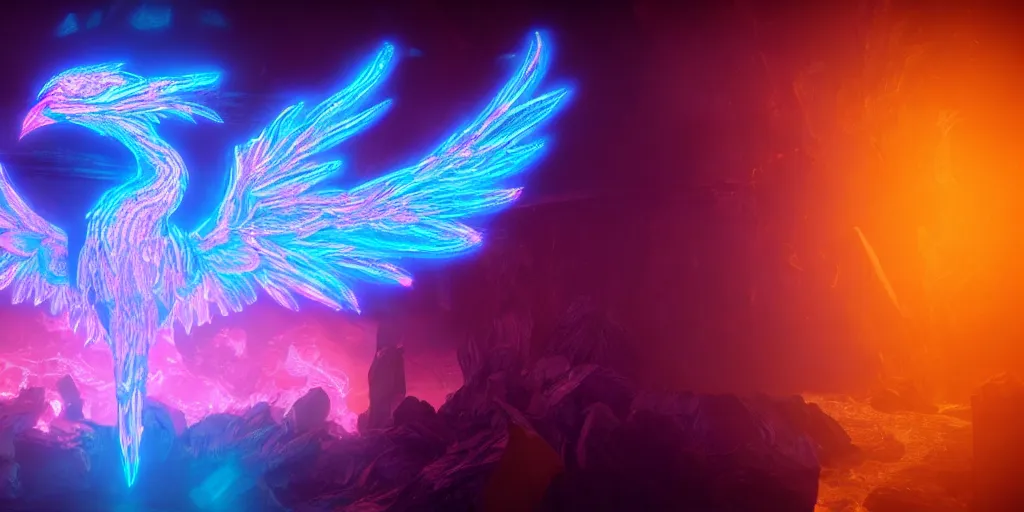 Prompt: a photo of 8k ultra realistic pink and blue phoenix in a dark room, ornate, cinematic lighting, trending on artstation, 4k, hyperrealistic, focused, high details, unreal engine 5, cinematic, masterpiece