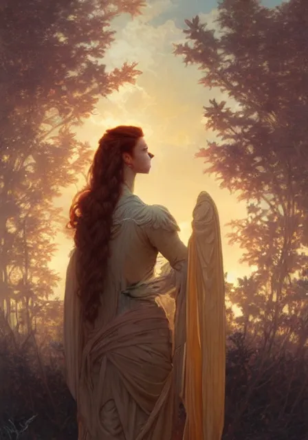 Image similar to sansa stark gold lights autumn sky sun, intricate, elegant, highly detailed, digital painting, artstation, concept art, smooth, sharp focus, illustration, art by artgerm and greg rutkowski and alphonse mucha and william - adolphe bouguereau