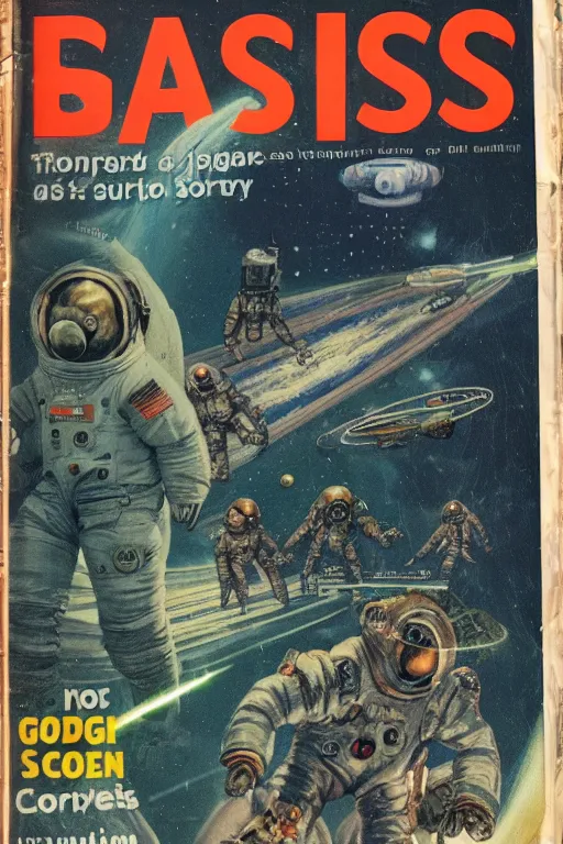 Prompt: photo of poor condition, torn, stained, vintage pulp scifi science fiction magazine cover on a table top, showing men wearing space suits shooting laser beams at a monster in an alien city, illustrated by basis gogos and arle bergey, 4 k, high definition