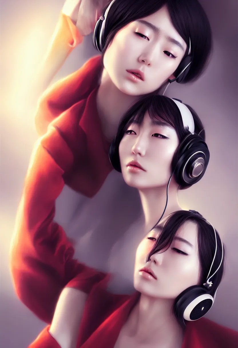 Image similar to japanese young woman waist up portrait, headphones listening to music, elegant as fashion editorial shot, highly detailed, smooth, sharp focus, dramatic lighting, volumetric lighting, cinematic lighting, art by artgerm and and wlop
