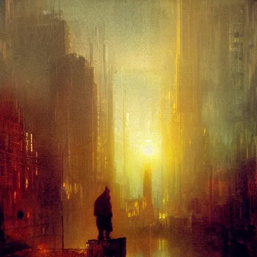 Prompt: digital art cyberpunk cityscape nighttime silhouette of young man in a hoodie in theforeground painted by turner 1860