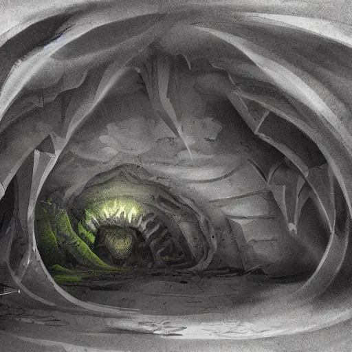 Prompt: an eerie cave, containing a hidden portal, to another galaxy, trending on art station,