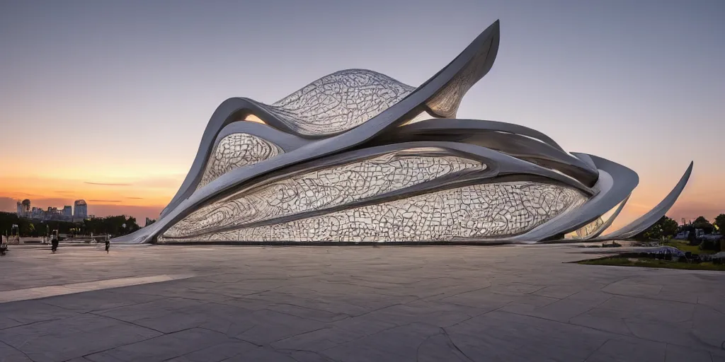 Image similar to extremely detailed ornate stunning sophisticated beautiful elegant futuristic museum exterior by Zaha Hadid, stunning volumetric light, sunset, 8k dragonfly structural pattern