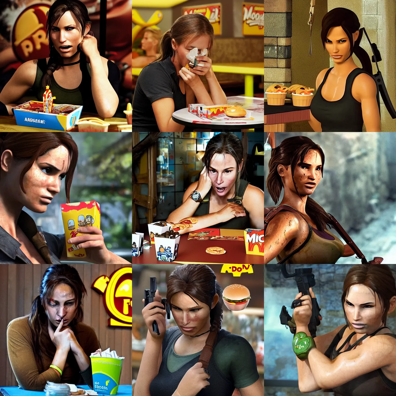 Prompt: a photograph of Lara Croft crying at a booth at McDonald's, Happy Meal on the table, adult, sad, tears