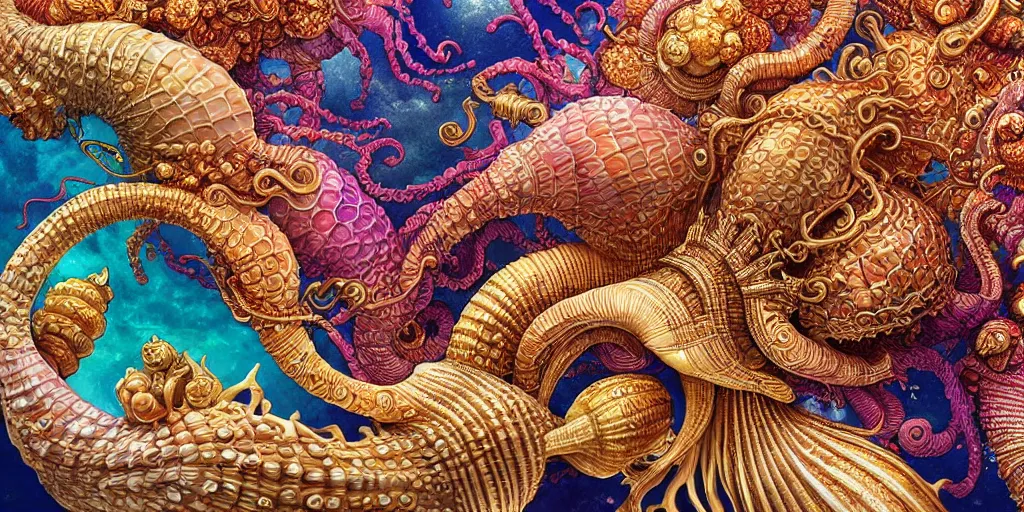 Prompt: hyper detailed conch shell, hindu god graphic illsutration ocean life color palette detailed intricate gold linework + otomo, yoshitaka Amano, hiroshi yoshida, moebius, loish, artgerm, symmetrical and detailed 3d render