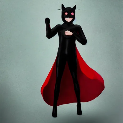 Image similar to little boy with cat ears in an black latex suit with red cape. digital artwork made by lois van baarle and kentaro miura, sharpness focus, inspired by hirohiko araki, anatomically correct, heroic composition, hero pose