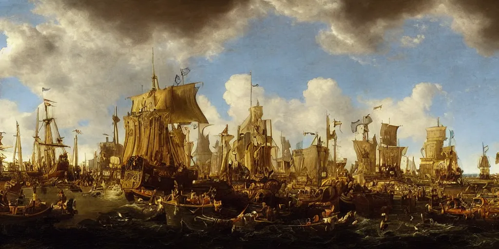 Prompt: the hague, by cornelis van haarlem, mix of styles, dutch golden age, detailed, intricate, treasure planet color scheme, realism, masterpiece