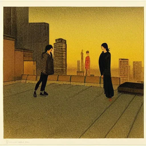 Image similar to a small rooftop with a couple of modern teenagers, standing and talking to each other, highly detailed, wearing black modern clothes, modern shanghai bund is on the background, dust, sunset, by gregory crewdson, carlos schwabe