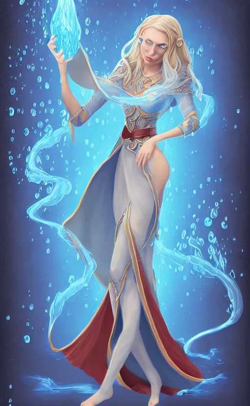 Image similar to elf female sorcerer doing water magic spells, blue robes, exquisite details, full body character design on a white background, by studio muti