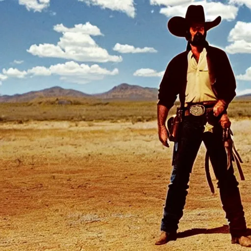 Image similar to a cowboy at high noon in the style of a clint eastwood movie, the good, the bad and the ugly, clint eastwood, steven seagal, bud spencer, donald trump, glory days, patriotism