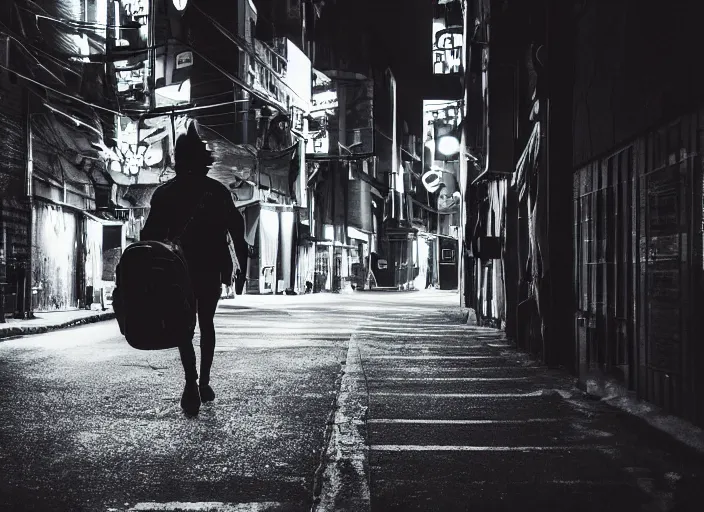 Image similar to photography of a Cat carrying a backpack . in a cyberpunk street. award winning photo, led lighting, night, 24mm, sharp, high res