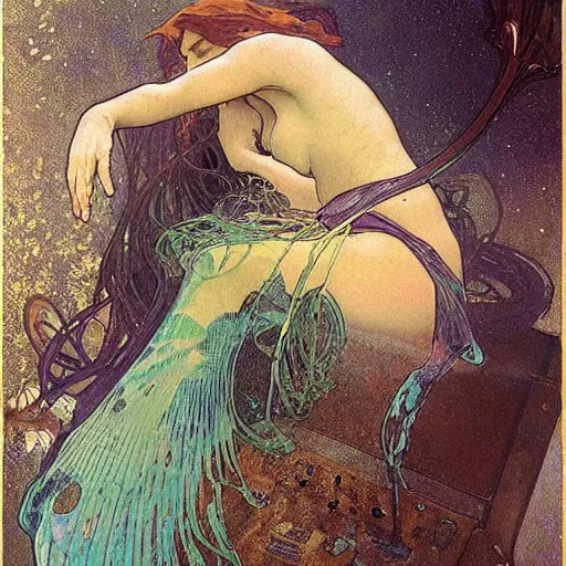 Prompt: a mermaid swimming up to millions of old crt tv ’ s which are still running, but floating in the water. painting by alphonse mucha and greg rutkowski.