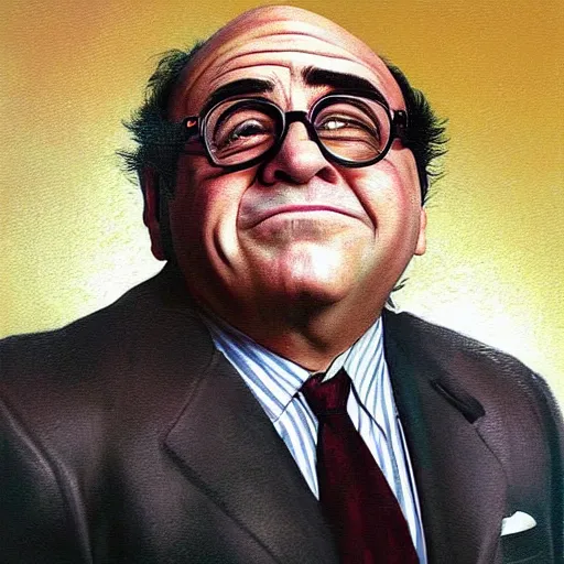 Prompt: danny devito pour a full can of beans all over mr. bean's face, hyper realistic painting