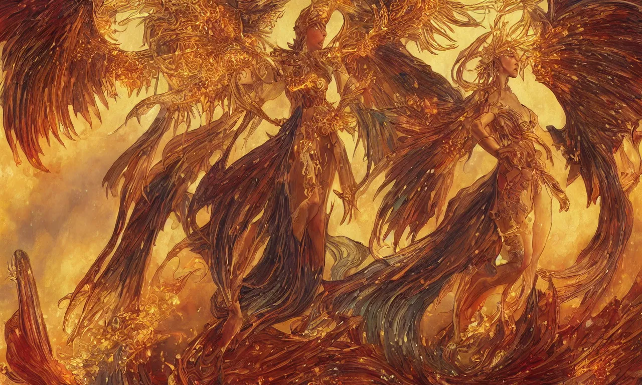 Prompt: phoenix bahamut with dresses of fireflies and flameches, flames intricate stainglass background, elegant, thin intricate stars and cosmos art nouveau frame, highly detailed, digital painting, artstation, concept art, matte, sharp focus, oil painting, art by Artgerm and Rembrandt and Alphonse Mucha