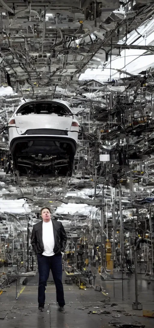 Image similar to elon musk crying while standing in a ruined tesla factory