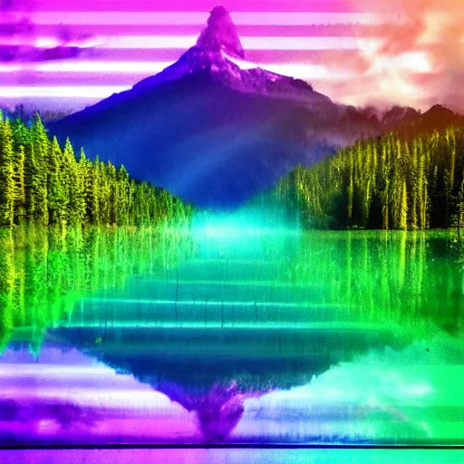 Prompt: rainbow stripes neon sign half circle in water reflected on lake, misty mountains surrounded by beautiful forest, sunny summertime sunlit daylight, hdr, 4 k, award winning photography, volumetric lighting, artstation