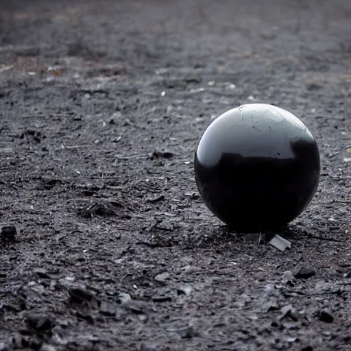 Image similar to A giant shiny black sphere, crashed in the ground, cracks, gas fire in cracks, viewed from the side, hd photograph