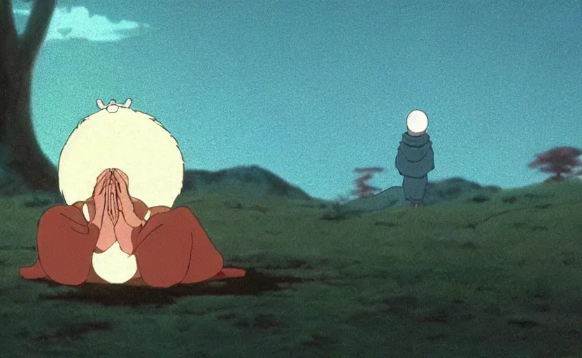 Image similar to a cell - shaded cartoon movie still from princess mononoke ( 1 9 9 7 ) of a middle eastern imam kneeling in prayer. a golden ufo is in the sky. very dull muted colors, hd, 4 k, hq