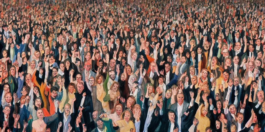 Image similar to A painting of a crowd of people cheering for a rising stock chart