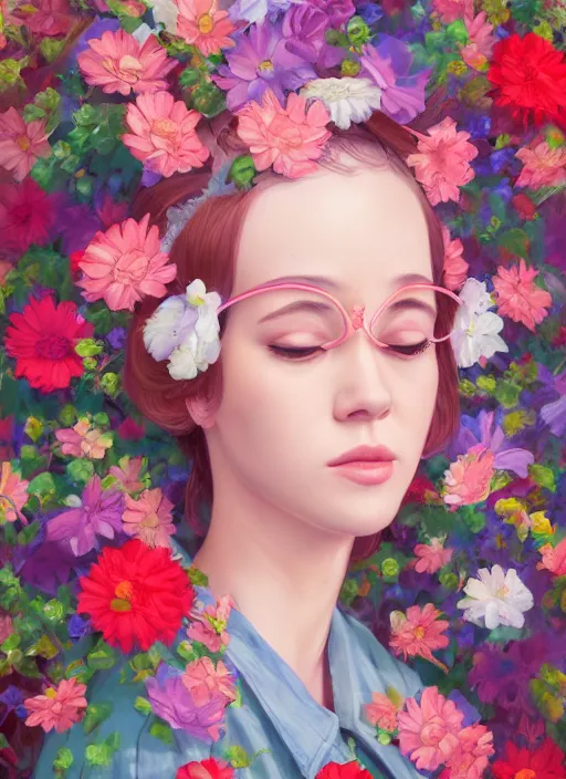 Image similar to photograph of still from music video, women wearing blindfold, flowers, street clothes, full figure portrait painting by martine johanna, ilya kuvshinov, rossdraws, pastel color palette, 2 4 mm lens