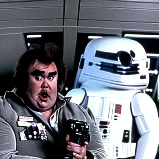 Image similar to John Candy in a dog suit dressed as Barf from Spaceballs sits next to Han Solo in the Millenium Falcon, movie still ftom Star Wars (1977)