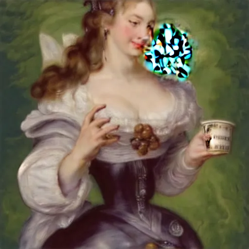 Prompt: heavenly summer sharp land sphere scallop well dressed lady holding a starbucks coffee cup, auslese, by peter paul rubens and eugene delacroix and karol bak, hyperrealism, digital illustration, fauvist, starbucks coffee cup green logo