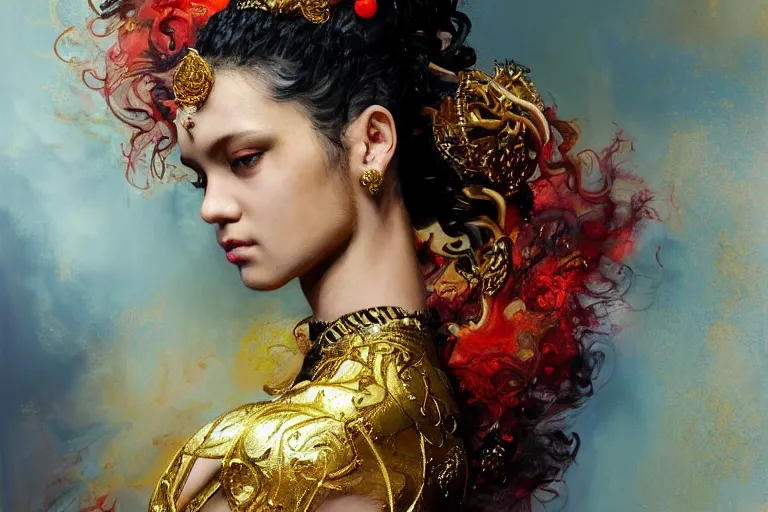 Image similar to an epic painting of a 1 9 years old girl figure, curly messy high bun hairstyle, oriental tattoos, jeweled ornament over forehead, subject wearing a gold and black high fashion gown, flowing, ornate, beautiful, intricate, dramatic earth colors, with few fire red highlights, by jeremy mann and greg rutkowski, oil on canvas, artstation