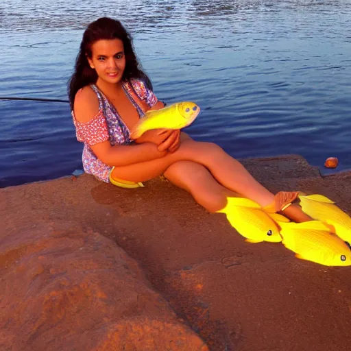 Image similar to beautiful egypt beautiful woman relaxing on sunset river with yellow coloured fish, coloured high detailed photo, sunset