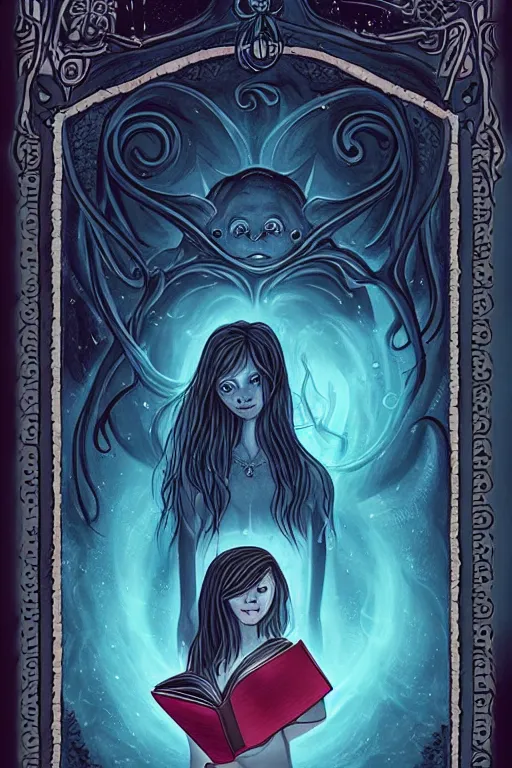 Image similar to romantic illustration of bright girl, her cat and her book of necronomicon, symmetrical, cinematic, sharp focus, 4 k, ultra hd, sense of awe, sinister demonic atmosphere, dreadful, forbidden knowledge, old gods, cthulhu, yog - sothoth! yah, yah, yah! cultist journal cover